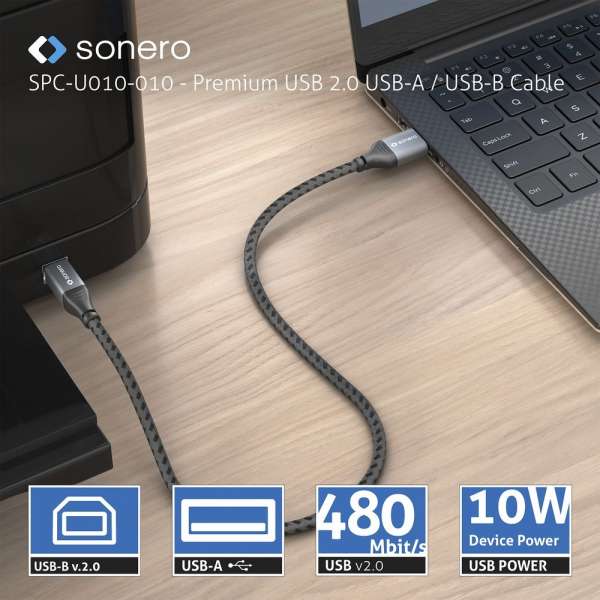 sonero USB 2.0 Kabel - A/B - Aluminium - space grey/schwarz - 5,00m