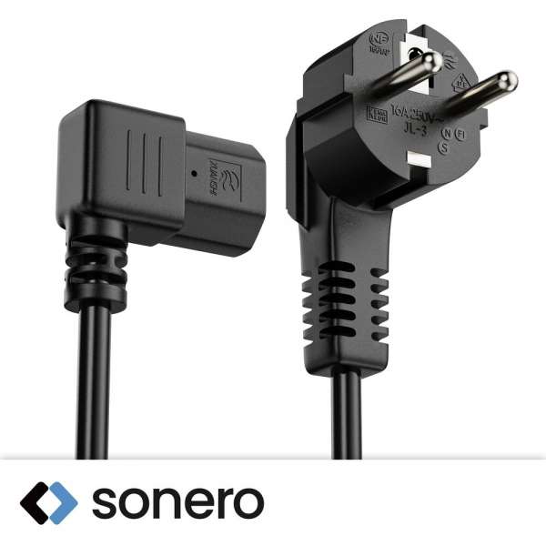 Netzkabel - Schutzkontakt Stecker 90° auf IEC Buchse (C13) 90° rechts abgewinkelt. Schwarz. 3,00m