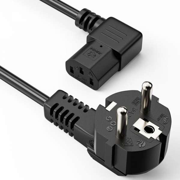 Netzkabel - Schutzkontakt Stecker 90° auf IEC Buchse (C13) 90° rechts abgewinkelt. Schwarz. 1,00m