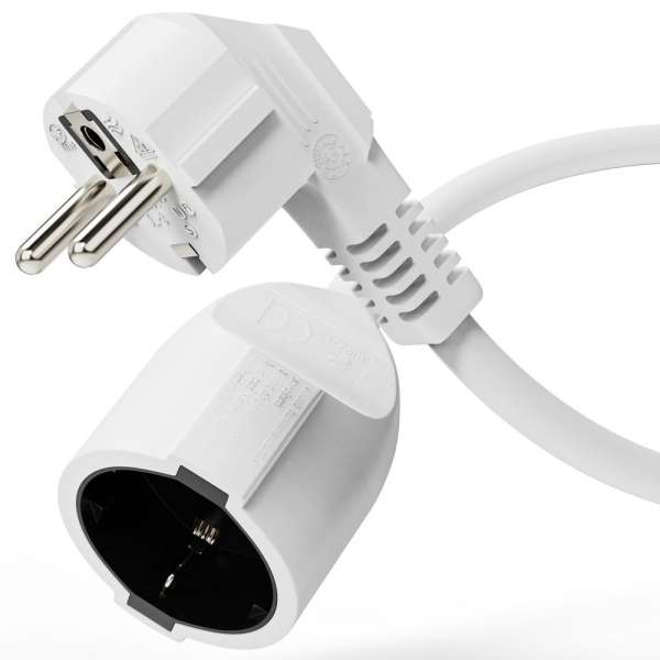 Netzkabel Verlängerung - Schutzkontakt Stecker 90° auf Sicherheits Buchse gerade. Weiß. 10,0m