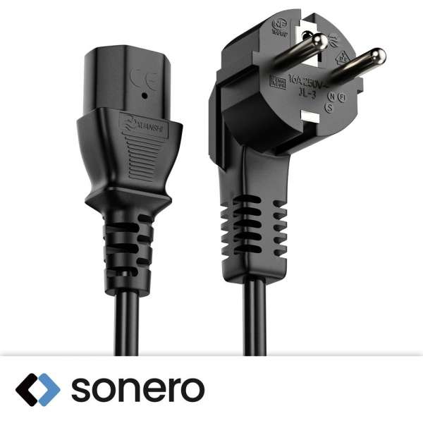 Netzkabel - Schutzkontakt Stecker 90° auf IEC Buchse (C13) gerade. Schwarz. 10,0m