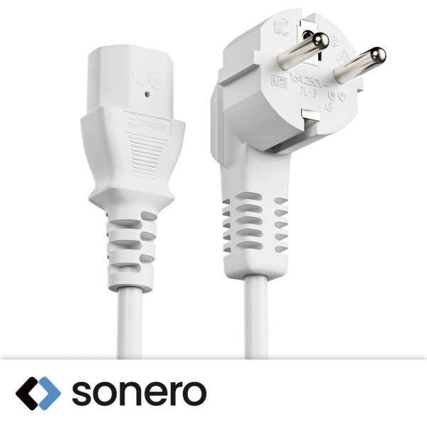 Netzkabel - Schutzkontakt Stecker 90° auf IEC Buchse (C13) gerade. Weiß. 5,00m