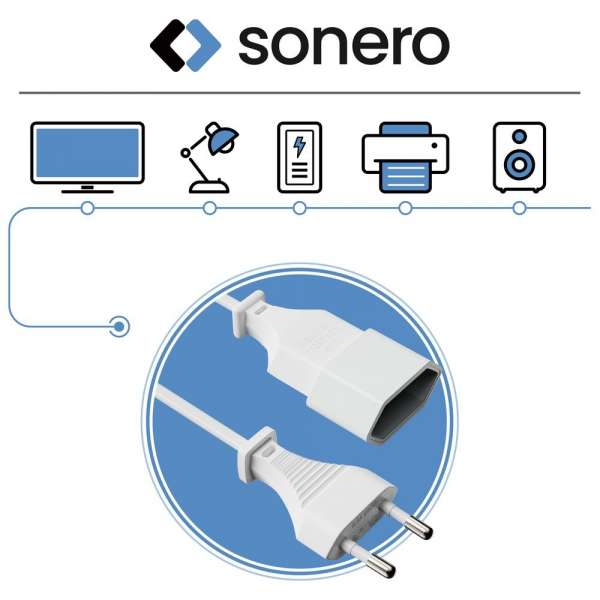 Netzkabel Verlängerung - Euro Stecker gerade auf Euro Buchse gerade. Weiß. 5,00m