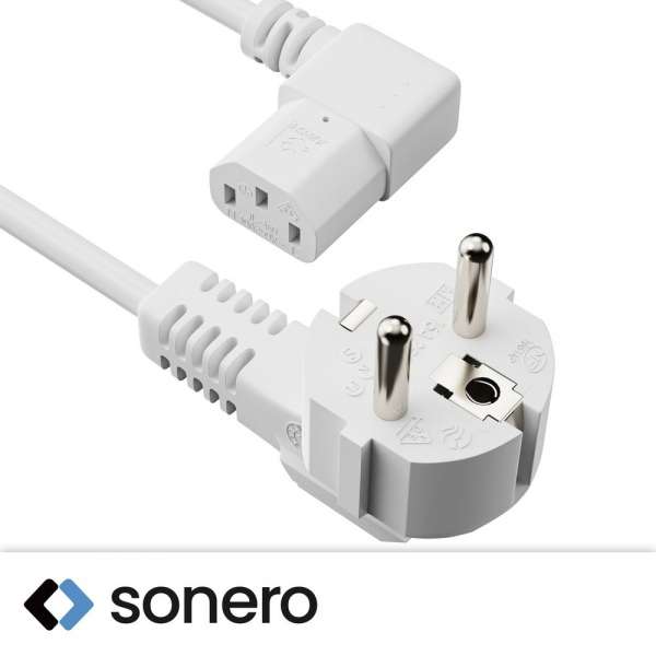 Netzkabel - Schutzkontakt Stecker 90° auf IEC Buchse (C13) 90° rechts abgewinkelt. Weiß. 1,00m