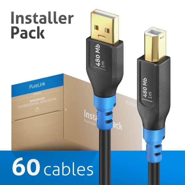 FlexInstall USB-A auf USB-B Kabel USB 2.0 480Mbps 1.00m - Installer Pack 60 stk.