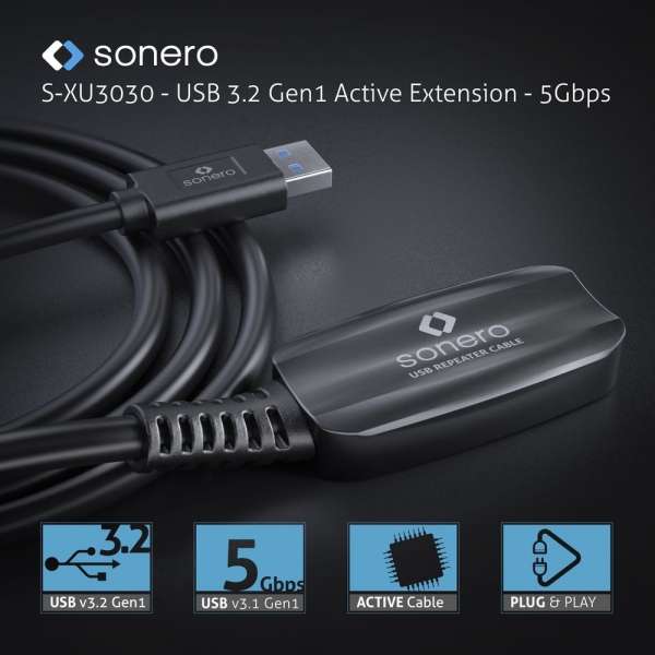 sonero USB 3.2 Gen1x1 Aktive Verlängerung - A/C - schwarz - 10,00m