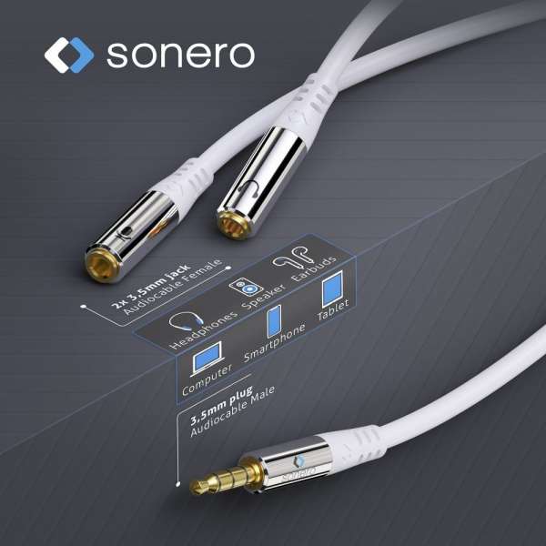 sonero 3,5mm auf 2x 3,5mm Audio Kopfhörer Adapter Kabel, weiß, 0,25m