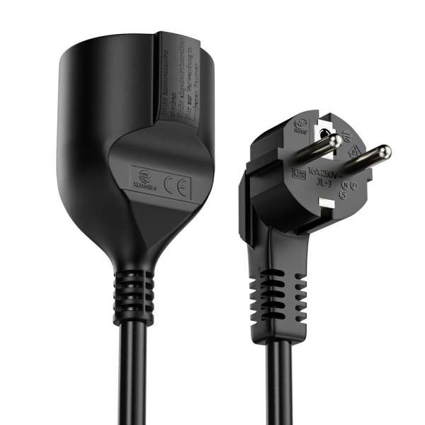 Netzkabel Verlängerung - Schutzkontakt Stecker 90° auf Sicherheits Buchse gerade. Schwarz. 5,00m