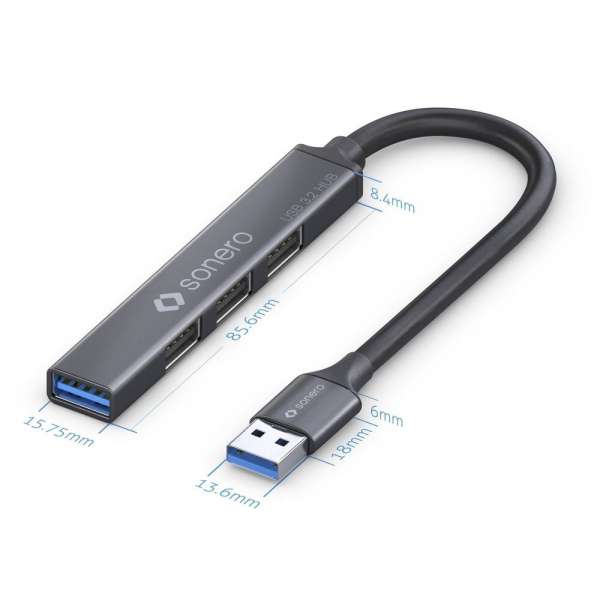 sonero USB 3.2 Gen1x1 Hub - 4 Port mit USB-A Stecker - 0,15m - Space Grey