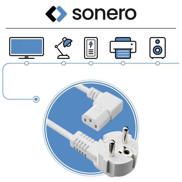 Netzkabel - Schutzkontakt Stecker 90° auf IEC Buchse (C13) 90° rechts abgewinkelt. Weiß. 3,00m