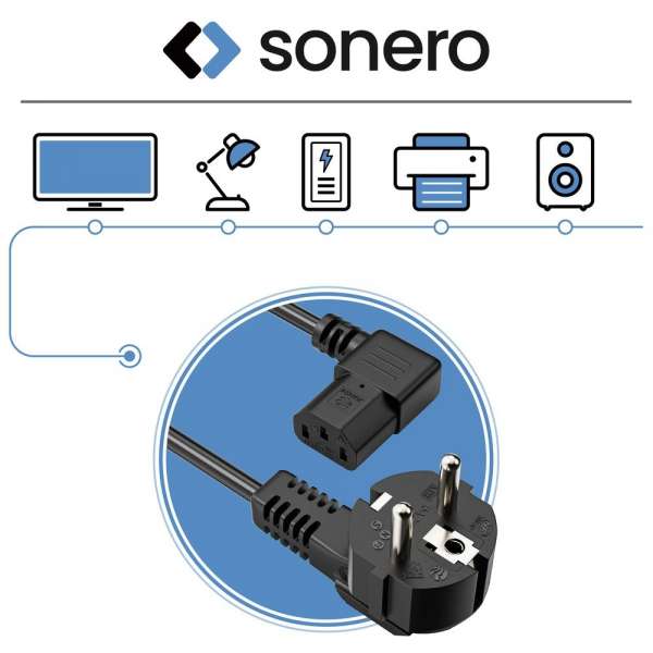 Netzkabel - Schutzkontakt Stecker 90° auf IEC Buchse (C13) 90° rechts abgewinkelt. Schwarz. 2,00m