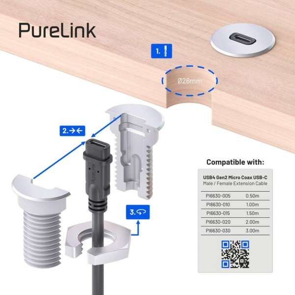 PureInstall – USB-C-Tischhalterung – Mattschwarz – PI6300 USB-C-Tischhalterung (Buchsenseite) – Lochdurchmesser 25 mm