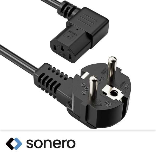 Netzkabel - Schutzkontakt Stecker 90° auf IEC Buchse (C13) 90° rechts abgewinkelt. Schwarz. 5,00m