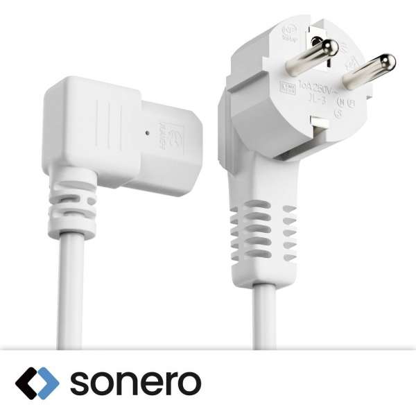 Netzkabel - Schutzkontakt Stecker 90° auf IEC Buchse (C13) 90° rechts abgewinkelt. Weiß. 5,00m