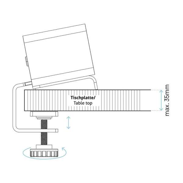 mediahub2 - Tischklemme (weiß) - Eine sichere Befestigungsmöglichkeit für die freistehende Konfiguration des mediahub2 auf dem Tisch.