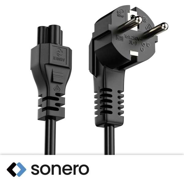 Netzkabel - Schutzkontakt Stecker 90° auf IEC Buchse (C5) gerade. Schwarz. 3,00m