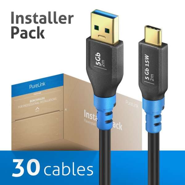 FlexInstall USB-C auf USB-A Kabel USB 3.2 Gen1x1 5Gbps 2.00m - Installer Pack 30 stk.