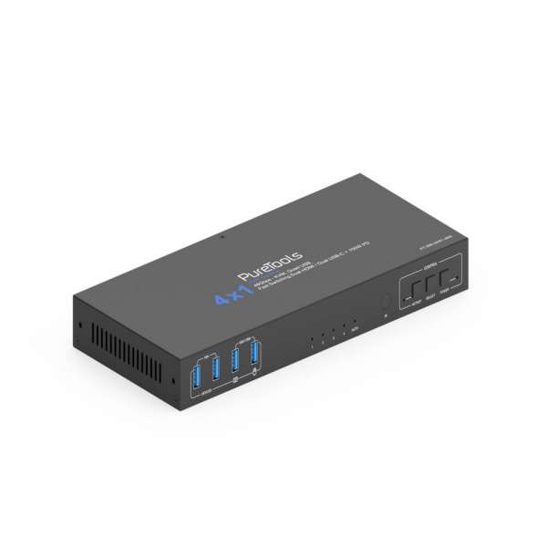 PureTools - 4x1 HDMI 2.1 KVM Switch - 48Gbps - KVM, Quad USB, schnelles Switchen Dual HDMI / Dual USB-C + 100W PD