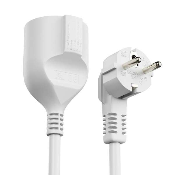 Netzkabel Verlängerung - Schutzkontakt Stecker 90° auf Sicherheits Buchse gerade. Weiß. 5,00m