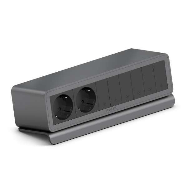 mediahub2 - 10 -Slot, freistehend, On-Table Design - space-grey Gehäuse und mattschwarze Module. 2 Steckdosen + 6 Leerplätze. Buchse - DE. Stecker - Wieland GST18