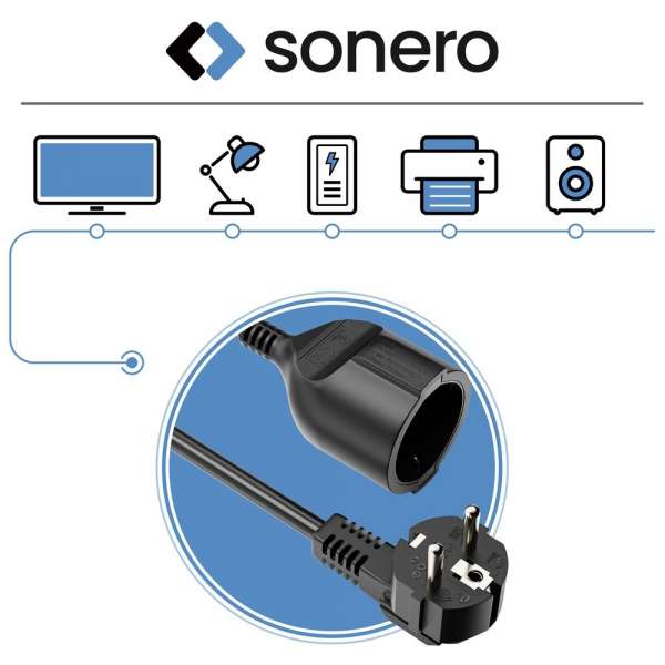 Netzkabel Verlängerung - Schutzkontakt Stecker 90° auf Sicherheits Buchse gerade. Schwarz. 2,00m