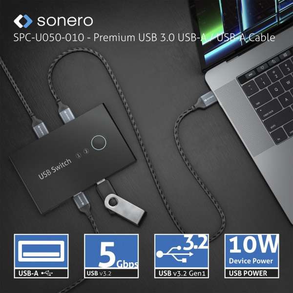 sonero USB 3.0 Kabel - A/A - Aluminium - space grey/schwarz - 2,00m