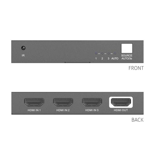 PureTools - 3x1 HDMI2.0 Switch 4K (60Hz 4:4:4), HDR-Umschaltung, IR-Fernbedienung, CEC-Pass-Through