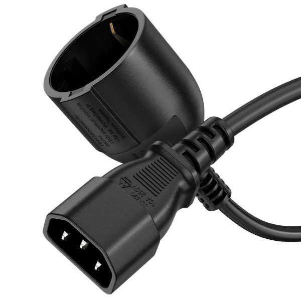 Netzkabel - Schutzkontakt Buchse gerade auf IEC Stecker (C14) gerade. Schwarz. 2,00m