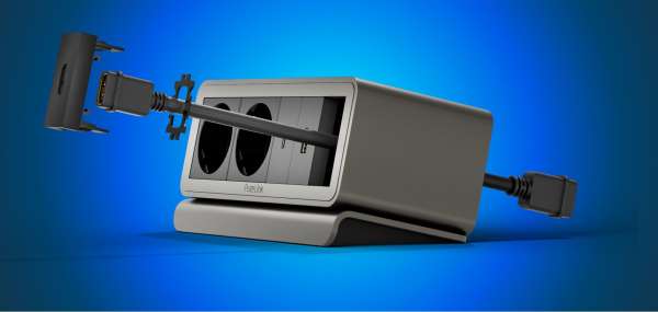 mediahub2 - 5 -Slot, freistehend, On-Table Design - schwarzes Gehäuse und mattschwarze Module. 65W PD-Modul + 3 Leerplätze. Buchse - Keine AC-Buchse. Stecker - Wieland GST18