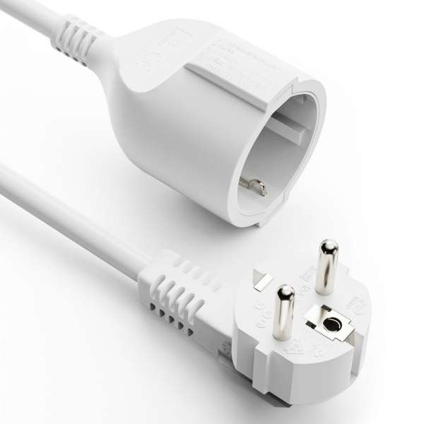Netzkabel Verlängerung - Schutzkontakt Stecker 90° auf Sicherheits Buchse gerade. Weiß. 2,00m