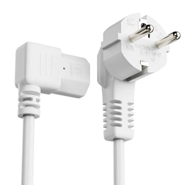 Netzkabel - Schutzkontakt Stecker 90° auf IEC Buchse (C13) 90° rechts abgewinkelt. Weiß. 3,00m