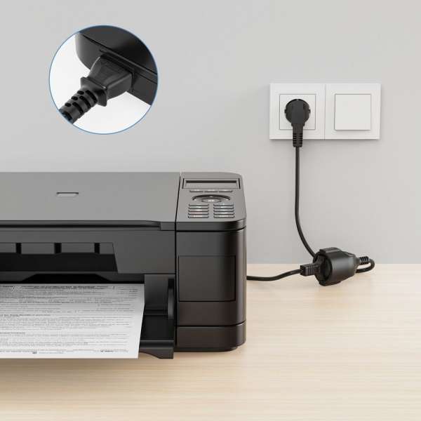 Netzkabel Verlängerung - Schutzkontakt Stecker 90° auf Sicherheits Buchse gerade. Schwarz. 5,00m