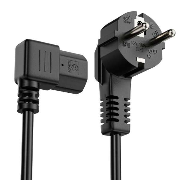 Netzkabel - Schutzkontakt Stecker 90° auf IEC Buchse (C13) 90° rechts abgewinkelt. Schwarz. 1,00m