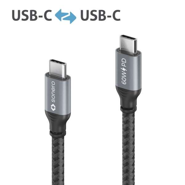 USB-C auf USB-C Ladekabel - USB 2.0, 60W PD - grau/schwarz - 2,00m