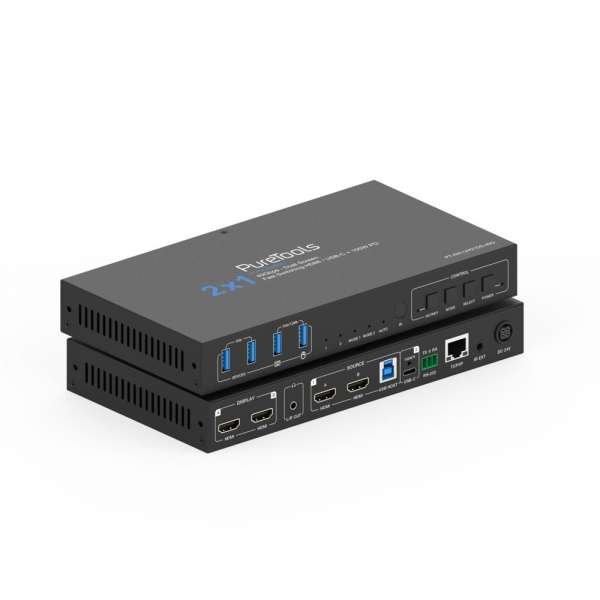 PureTools - 2x1 HDMI 2.1 Dual Screen KVM Switch - 40Gbps - Dual Screen, Quad USB, schnelles Switchen HDMI / USB-C + 100W PD