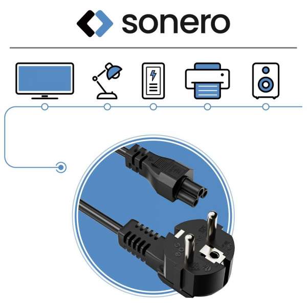 Netzkabel - Schutzkontakt Stecker 90° auf IEC Buchse (C5) gerade. Schwarz. 3,00m