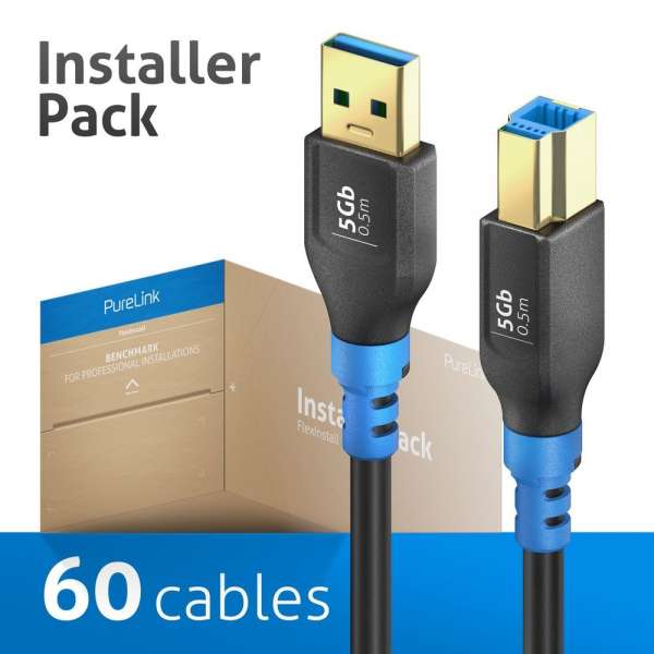 FlexInstall USB-A auf USB-B Kabel USB 3.2 Gen1x1 5Gbps 0.50m - Installer Pack 60 stk.