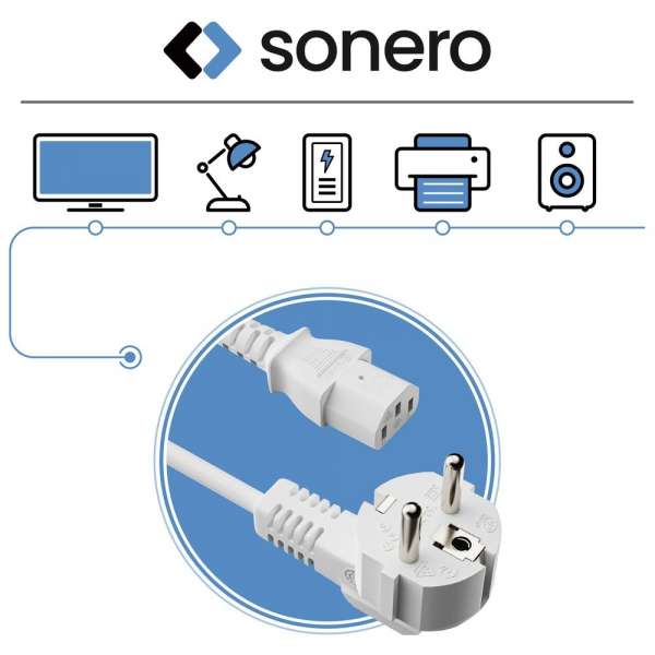Netzkabel - Schutzkontakt Stecker 90° auf IEC Buchse (C13) gerade. Weiß. 5,00m