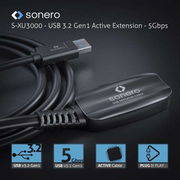 sonero USB 3.2 Gen1x1 Aktive Verlängerung - A/A - schwarz - 10,00m