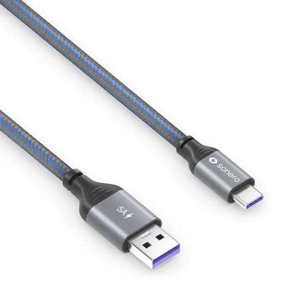 USB-C auf USB-A Ladekabel - USB 2.0, Super-Fast Charge 5V/5A - grau/blau - 0,25m