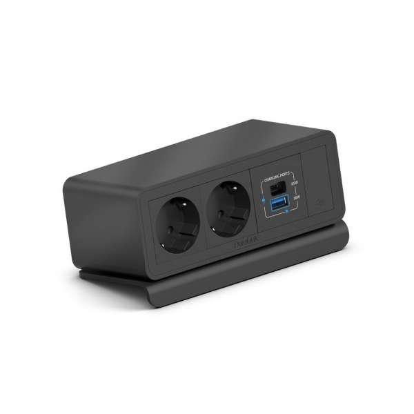 mediahub2 - 7 -Slot, freistehend, On-Table Design - schwarzes Gehäuse und mattschwarze Module. 2 Steckdosen + 65W PD-Modul + 1 Leerplatz. Buchse - DE. Stecker - Wieland GST18