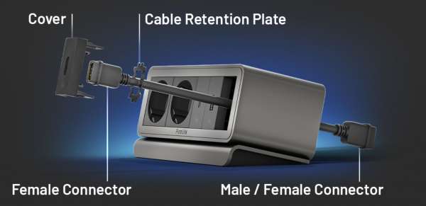 mediahub2 - 5 -Slot, freistehend, On-Table Design - space-grey Gehäuse und mattschwarze Module. 2 Steckdosen + 1 Leerplatz. Buchse - DE. Stecker - Wieland GST18