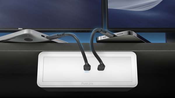 mediahub2 - USB-C Docking Station, freistehend, Tischmodell - weißes Gehäuse und matt-weiße Module.