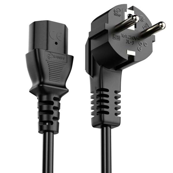 Netzkabel - Schutzkontakt Stecker 90° auf IEC Buchse (C13) gerade. Schwarz. 2,00m